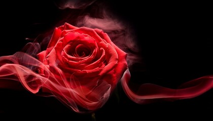 Rose Wrapped In Red Smoke Swirl On Black Background