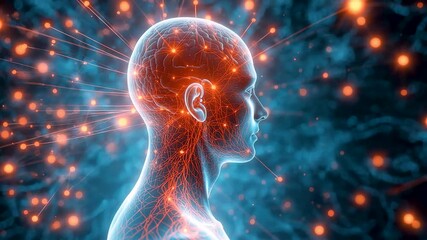 Glowing human head with illuminated neural connections and energy particles surrounding the brain creating advanced cognition and science scene - Powered by Adobe
