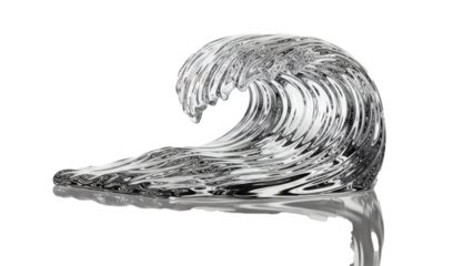 A dynamic 3D rendered clear glass wave isolated against a stark black background.