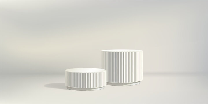 White poduim bg, ribbed column pillar 3d render. Product discount marble stand, fluted elegant pedestal on pastel limbo. Cosmetic promotion empty stage, museum exhibition display. Two grey bases
