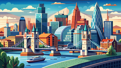 Very beautiful wide view of London’s financial district combined with Tower Bridge, capturing the contrast between historic landmarks and modern urban development along the River Thames.
