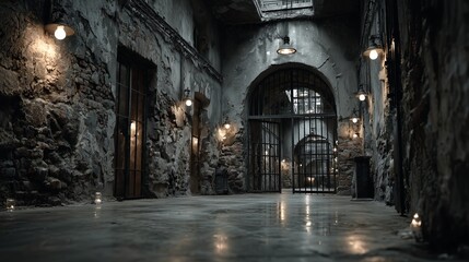 Fototapeta premium A dimly lit stone prison corridor leads to a heavy iron gate, lined with wall sconces. The eerie, cold atmosphere evokes mystery and historical weight.