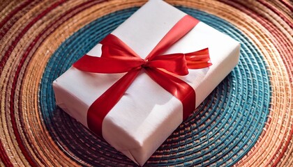 A Beautifully Wrapped White Gift Box With A Red Ribbon Sits Attractively On A Cozy Colorful Woven Mat Perfect For Holiday Promotions Gift Guides Or Seasonal Greeting Cards
