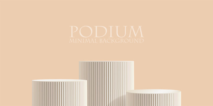 Marble product podium on beige background, 3d render of white fluted pillar platform in premium elegant studio. Realistic shadow overlay, bright spotlight. Ramadan ribbed cosmetic platform three steps
