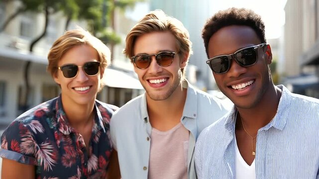 Three faceless stylish young friends posing in street, fashion-forward youth dressed in summer clothes, cheerful models having fun in sunglasses, defocused sunny urban setting, wit