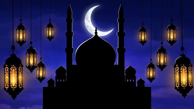 Ramadan Kareem background with mosque silhouette and glowing lanterns. Animated crescent moon and hanging lamps in the night sky. Islamic celebration concept - Powered by Adobe
