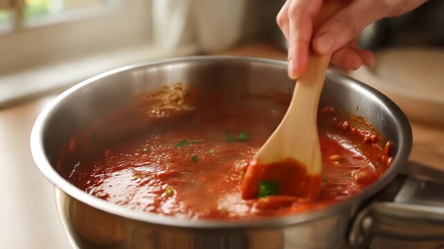 Close-up of a hand stirring tomato sauce in a stainless steel pan with a wooden spoon. Cooking fresh homemade marinara with herbs in a kitchen. Italian food preparation concept