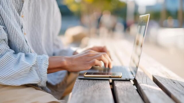 A person is sitting on a bench with a laptop and a cell phone in their hands. The person is using the cell phone while looking at the laptop