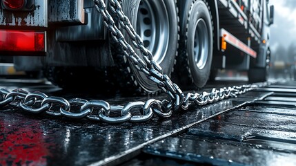 Close-up of a heavy-duty chain securing a trailer on a wet surface