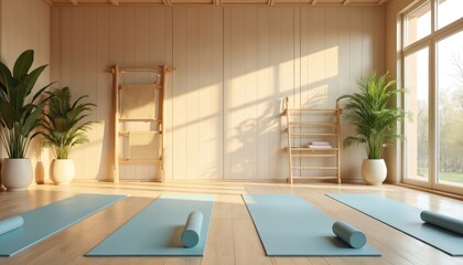 Empty yoga studio with light wood floor and beige walls. Light streams through windows onto mats and plants. Wooden shelves hold towels and props. Peaceful wellness space.