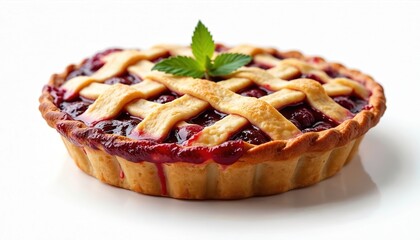 Homemade cherry pie with golden lattice crust sits on clean white surface. Fresh fruit filling peeks through woven pastry top. Mint leaf garnish adds subtle color.