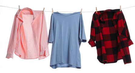 Different clothes drying while hanging on clothesline against white background