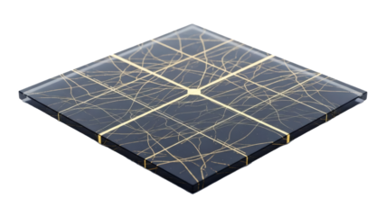 A square dark glass surface with gold intersecting lines and chaotic scribbles is displayed against a black background.