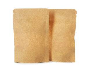 Two kraft stand-up pouches isolated on white
