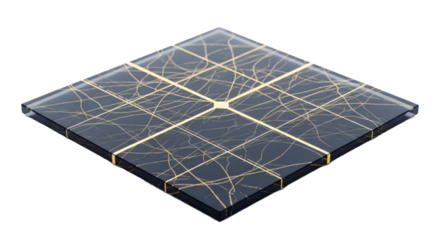 A square dark glass surface with gold intersecting lines and chaotic scribbles is displayed against a black background. - Powered by Adobe