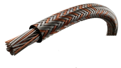 A flexible, bent industrial cable with an intricate copper and silver braided metallic sheath revealing exposed wire strands.