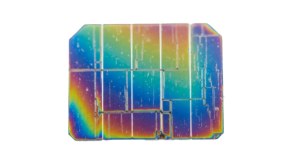 A vibrant close-up of a microchip with a rainbow spectrum of colors reflecting across its intricate patterns.