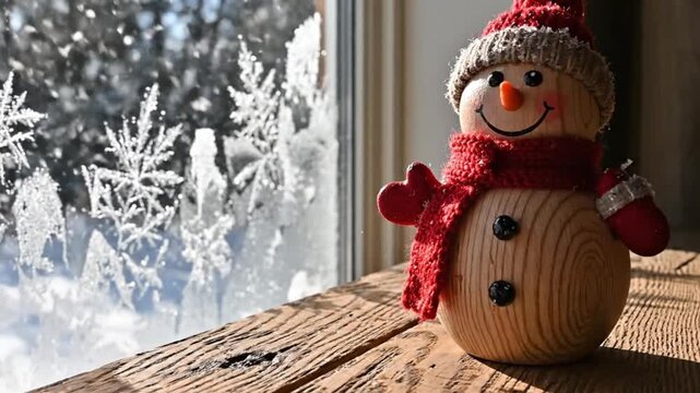 Title: A wooden snowman figurine with a red scarf and hat sits on a wooden surface in front of a window with frost patterns