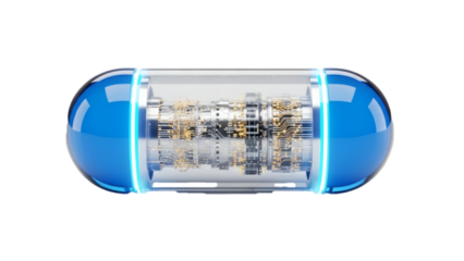 A futuristic smart capsule or medical pill reveals intricate internal electronic components against a dark background.