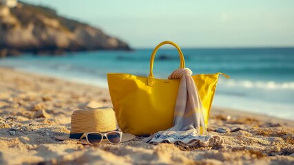 Bright yellow beach bag and straw hat resting on sandy shore beside blue ocean under warm sunlight creating relaxed summer vacation mood - Powered by Adobe