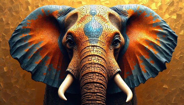 Colorful mosaic elephant portrait. Intricate tile work in warm earth tones, blue. Large ears adorned with abstract orange patterns. Majestic animal with ivory tusks against golden textured background.