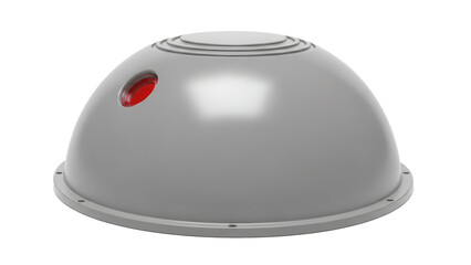 A futuristic grey metallic dome with a prominent red light against a dark background.