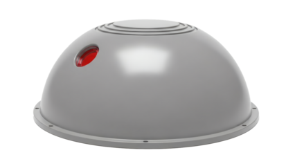 A futuristic grey metallic dome with a prominent red light against a dark background.