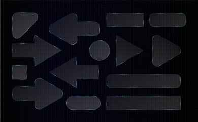 Transparent glass arrow, rectangle text box and square blur shapes. Round circle mirror, polycarbonate triangle. 3d lens flat cover, glossy button. Crystal panel overlay, clear ui material plate glare