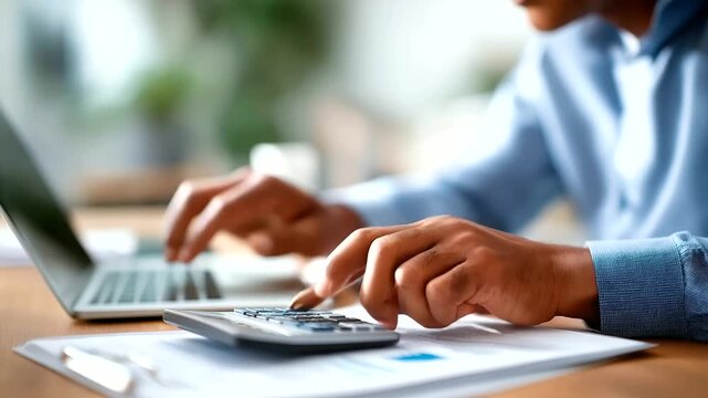 Detailed view of accountant hands working with documents laptop calculator faceless financial professional defocused office background fiscal analysis activity bookkeeping rout - Powered by Adobe