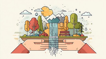 Fototapeta premium Stylized illustration of hands holding a miniature park with waterfall and mountains nature photo