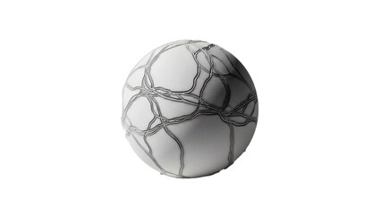 A spherical object with an intricate network of dark, thin, interconnected lines etched across its textured white surface, on black.