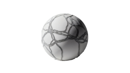 A spherical object with an intricate network of dark, thin, interconnected lines etched across its textured white surface, on black.