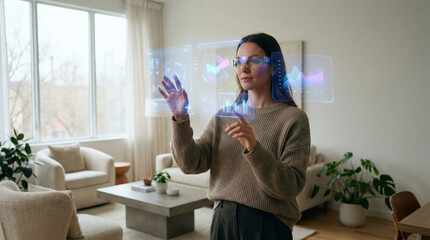 Woman using augmented reality smart glasses with holographic data interface in a modern living room, spatial computing technology concept