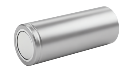 A single, sleek silver cylindrical battery lies horizontally against a black background.