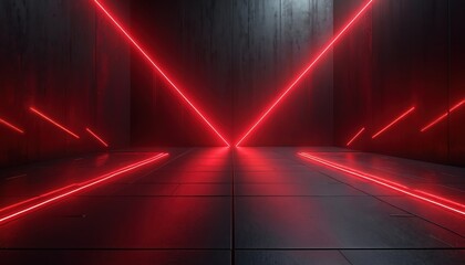 Dark interior with abstract red neon lines on wall and floor. Reflective metallic floor adds depth to futuristic architecture. Sleek, modern, and empty space.