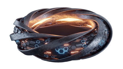 A complex, futuristic toroidal structure made of dark metal with glowing blue hexagonal patterns and orange energy bursts.