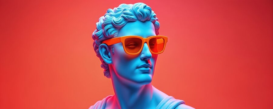 Blue marble sculpture bust of Apollo wears orange sunglasses against bright red backdrop. Modern art twist on classical statue, cool aesthetic, digital creation. - Powered by Adobe