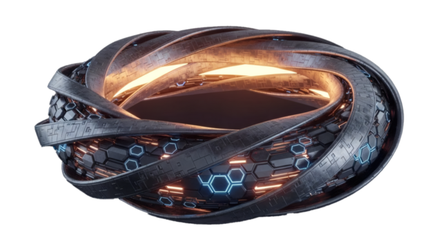 A complex, futuristic toroidal structure made of dark metal with glowing blue hexagonal patterns and orange energy bursts. - Powered by Adobe