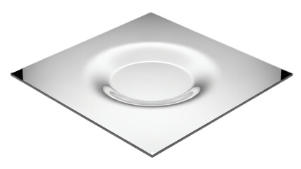 A sleek, square metallic plate features a deep, circular indentation with a smooth, distorted concave surface.