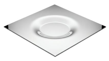 A sleek, square metallic plate features a deep, circular indentation with a smooth, distorted concave surface.