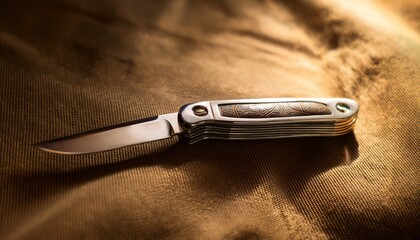 vintage silver pocket knife resting on fabric with warm lighting