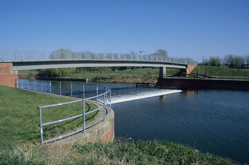 Landscape view of River Great Ouse Roxton Weir Great Barford Bedfordshire UK Europe. 