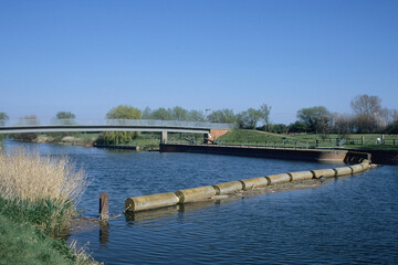 Landscape view of River Great Ouse Roxton Weir Great Barford Bedfordshire UK Europe. 