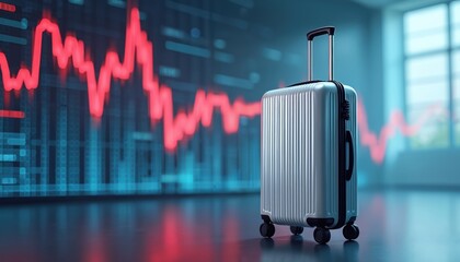 Silver suitcase stands before digital screen showing red decline graph. Represents travel logistics and data analysis trend. Business trip planning and global market economy.