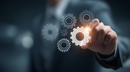 Quality and process improvement concept with businessman solving problems enhancing organizational processes implementing continuous improvement and boosting industrial management efficiency