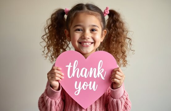 Happy little girl holds pink heart sign with thank you text. Smiling child with pigtails expresses gratitude and love, cute portrait for appreciation, kindness messages. - Powered by Adobe