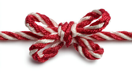 Red and White String Rope with Crossed Bow Isolated on White and white background, clipping path included