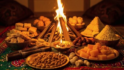 Traditional Indian festival celebration with fire and food offerings on colorful rug for Lohri festival
