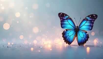 Blue butterfly with illuminated wing patterns rests on a grey backdrop with soft bokeh lights. This insect symbolizes transformation, beauty and nature delicate wonder.