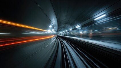 Dynamic perspective of a speeding train's journey through a dimly lit tunnel